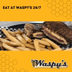 When you are hungry, Waspy's is here for you! Shown here is a sandwich and fries from Waspy's.