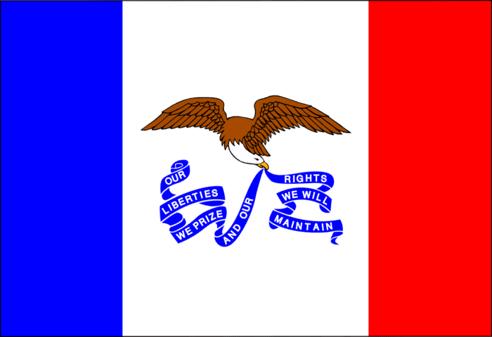 Iowa state flag featuring a blue, white and red stripe with a bald eagle holding a banner in the center.
