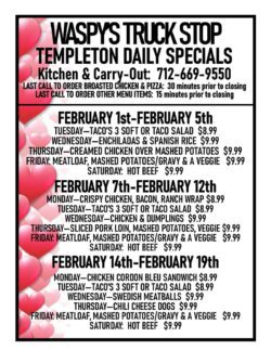 Waspy's Templeton, IA daily food specials.