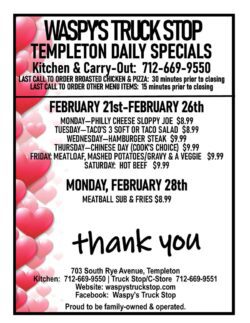 Waspy's Templeton, IA location daily food specials.