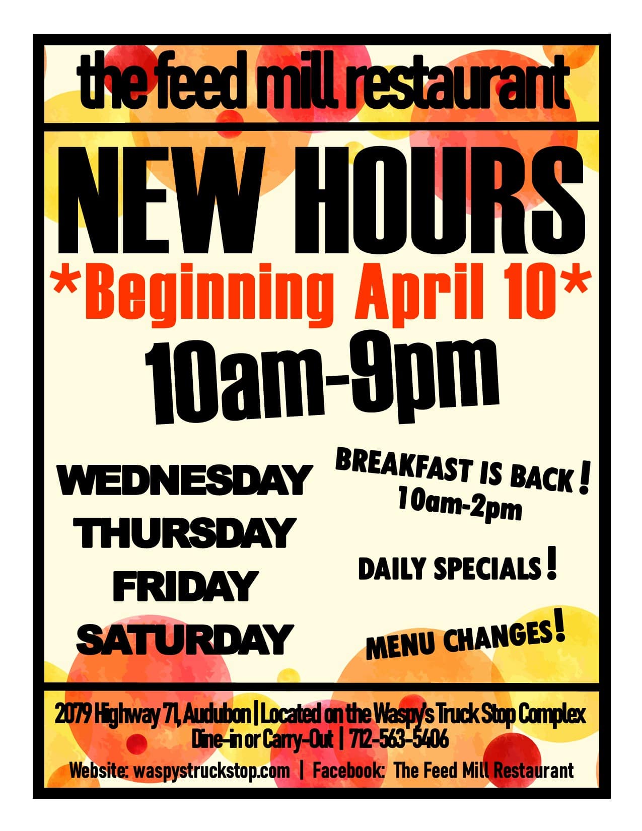 new hours of operation at the feed mill restaurant