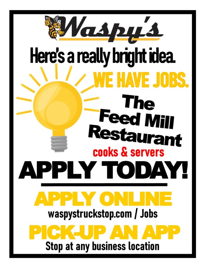 cooks and servers help wanted at the Feed Mill Restaurant