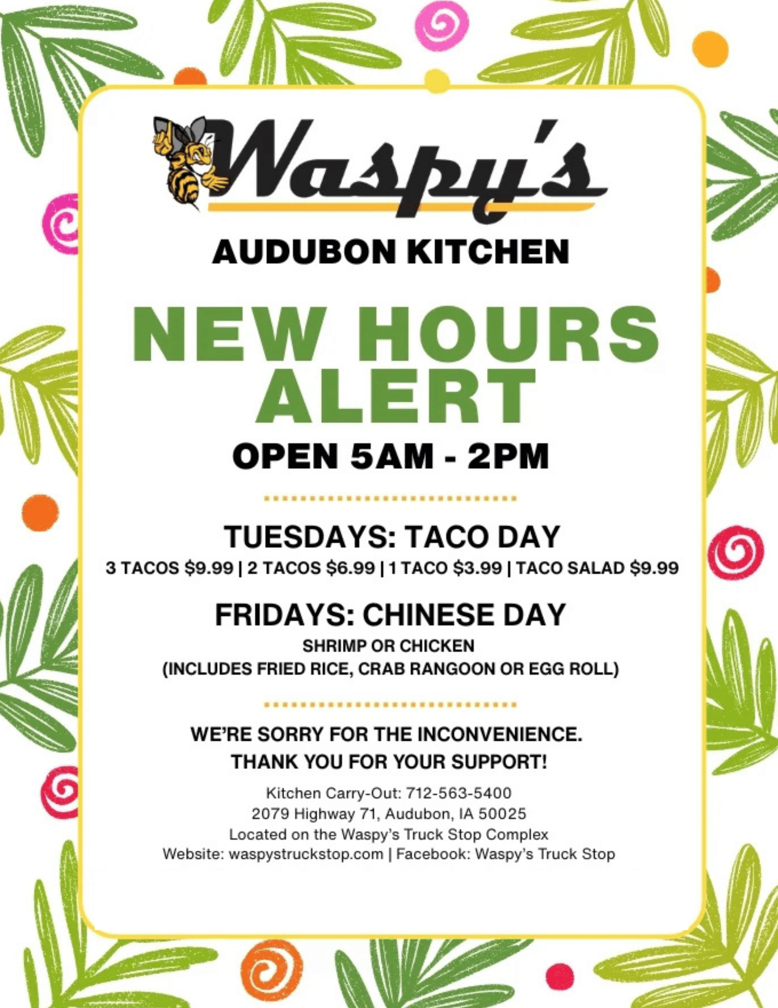 Image showing the new hours for the Audubon, IA Grab and Go kitchen.  
