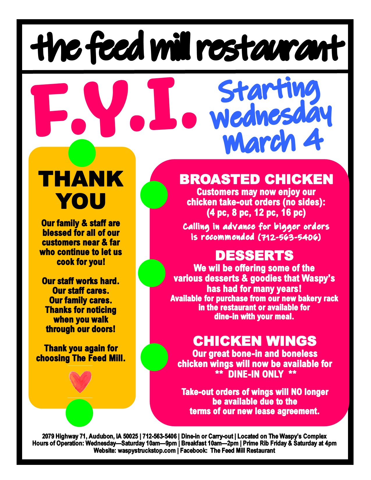 new feed mill restaurant starting march 4