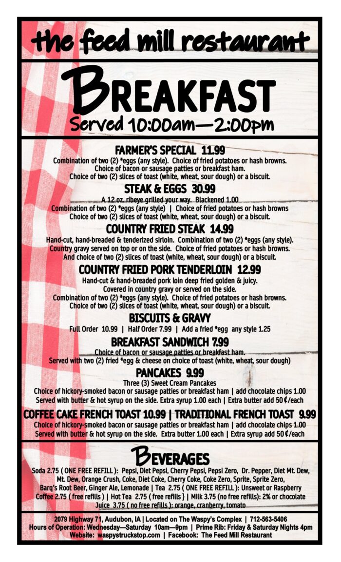 The Feed Mill Restaurant Menu page 1